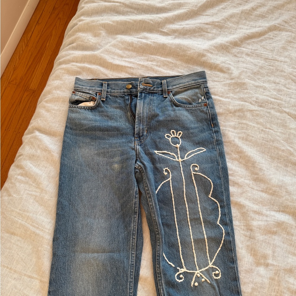 B SIDES Blue Jeans with White Embroidery